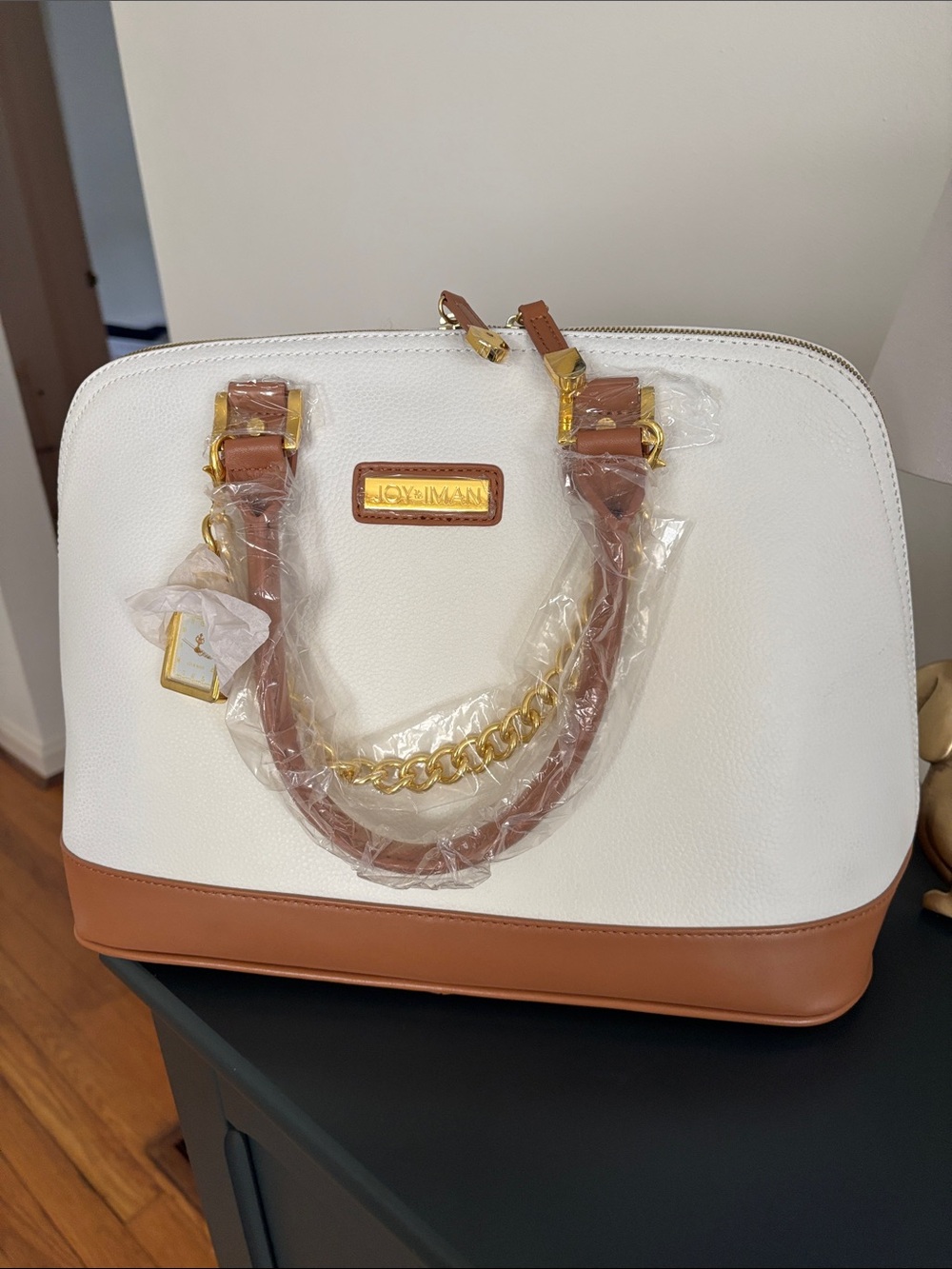 Joy & iman White and Brown Dome Satchel with Gold Chain Trim